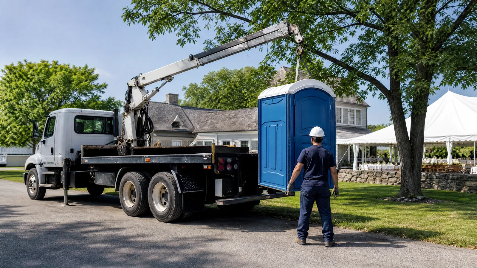 Portable restroom placement diagram on a site plan beside measuring tape and work gloves, with no business branding.